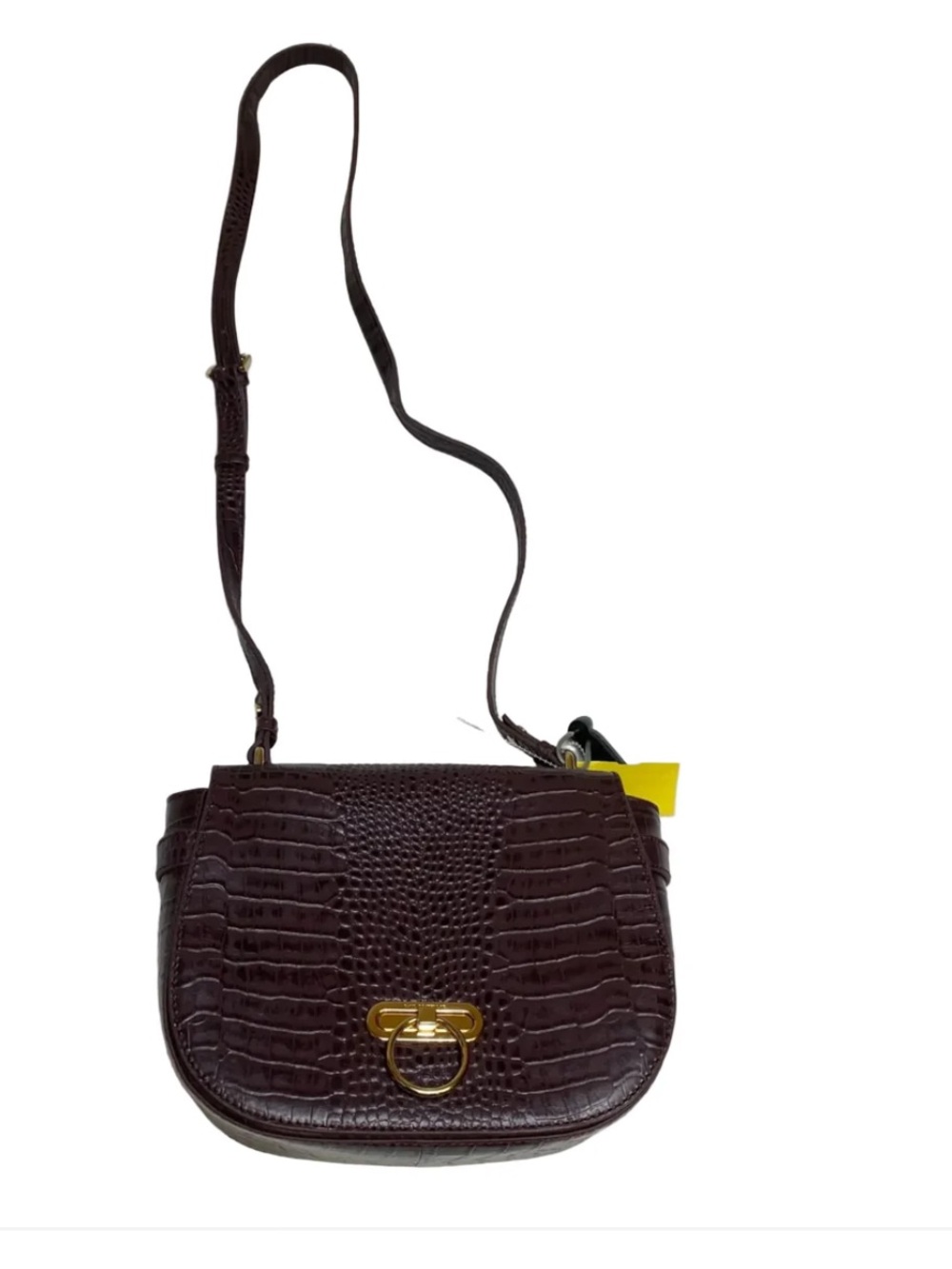 Croc-Embossed Crossbody Saddle Bag in Plum